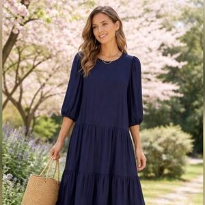 Dress Forum/ Navy blue midi dress/ Balloon sleeves/ Drop waist/Tiered/ Size US S